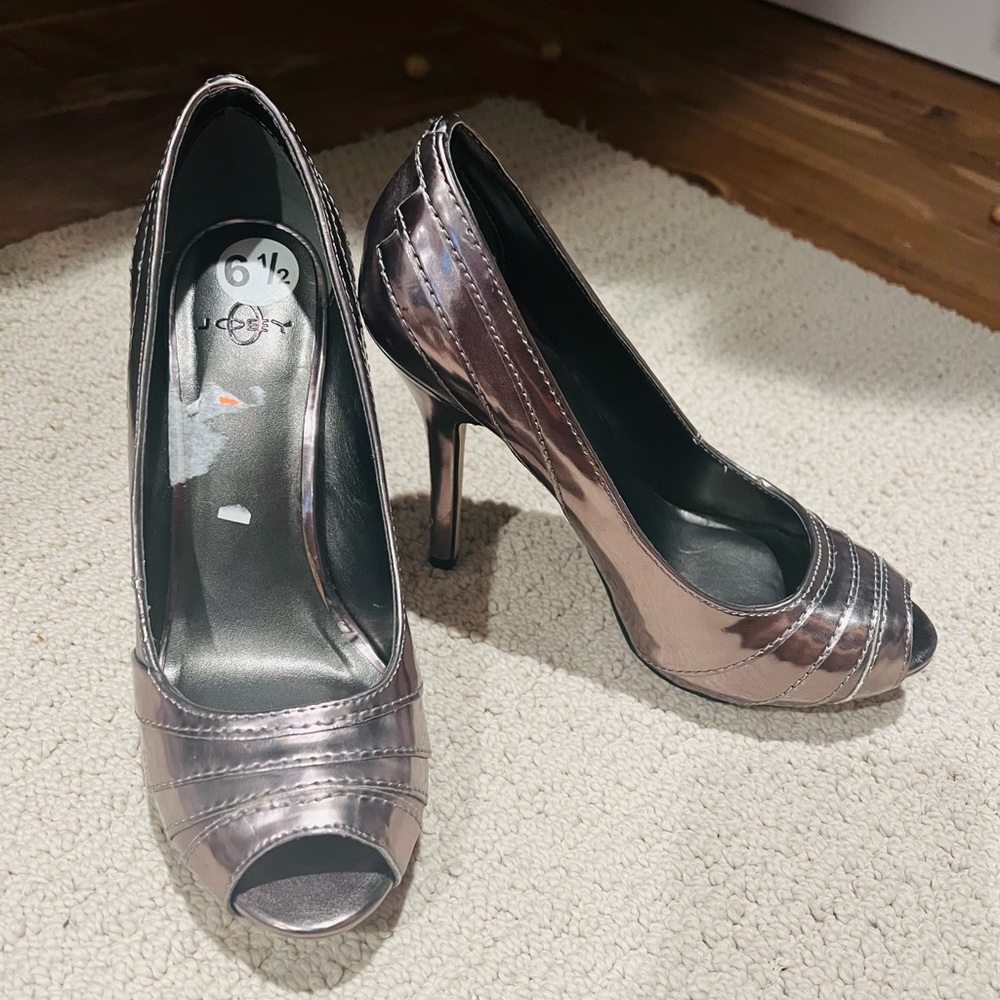Pewter peep-toe heels